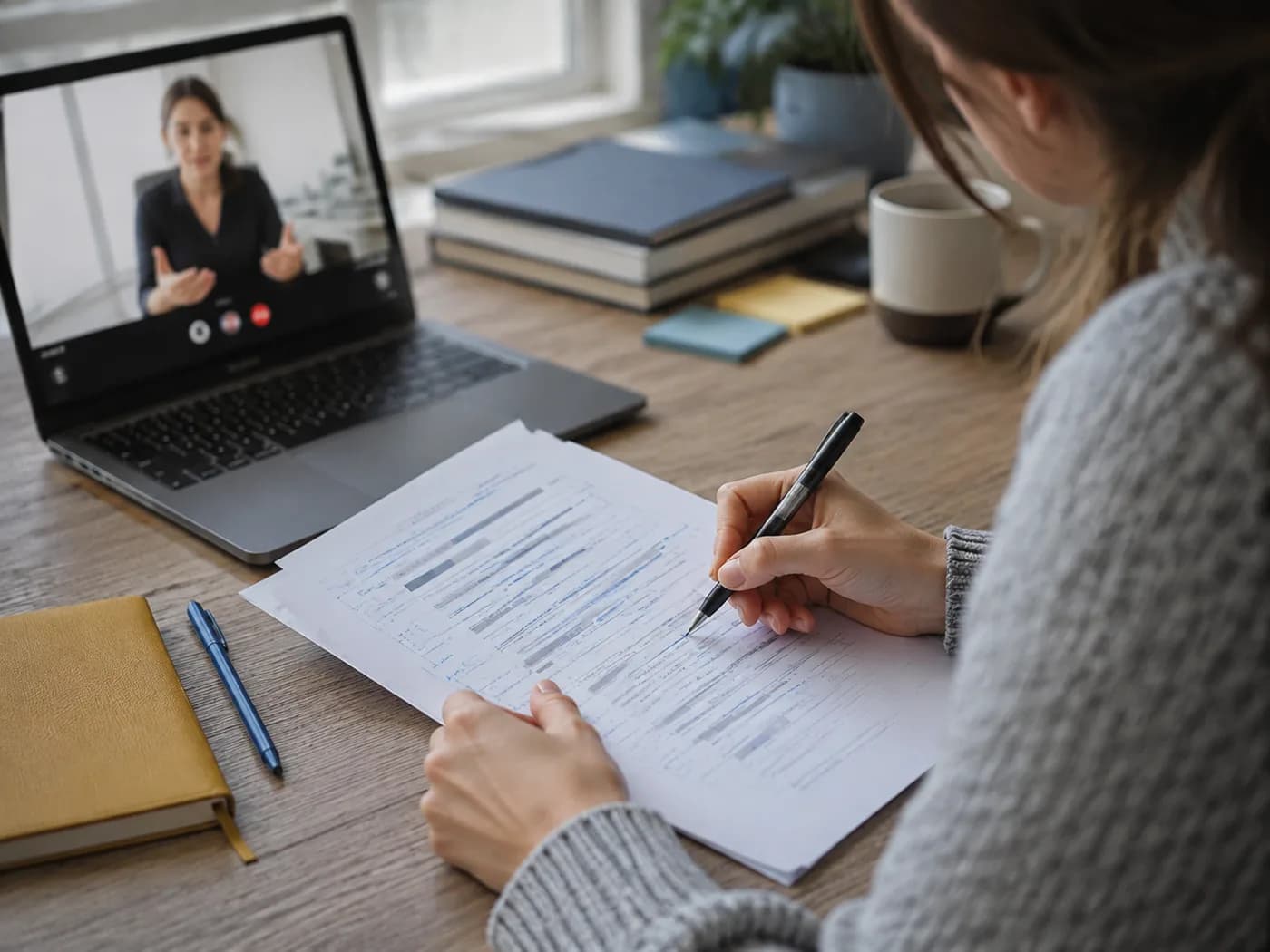 Estudiante revisando su propio borrador durante una supervisión online